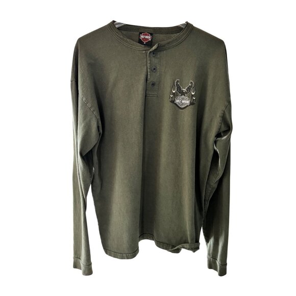 Harley-Davidson XL Green Henley Long Sleeve Shirt W/ UAE Live Free Graphic - Picture 7 of 7